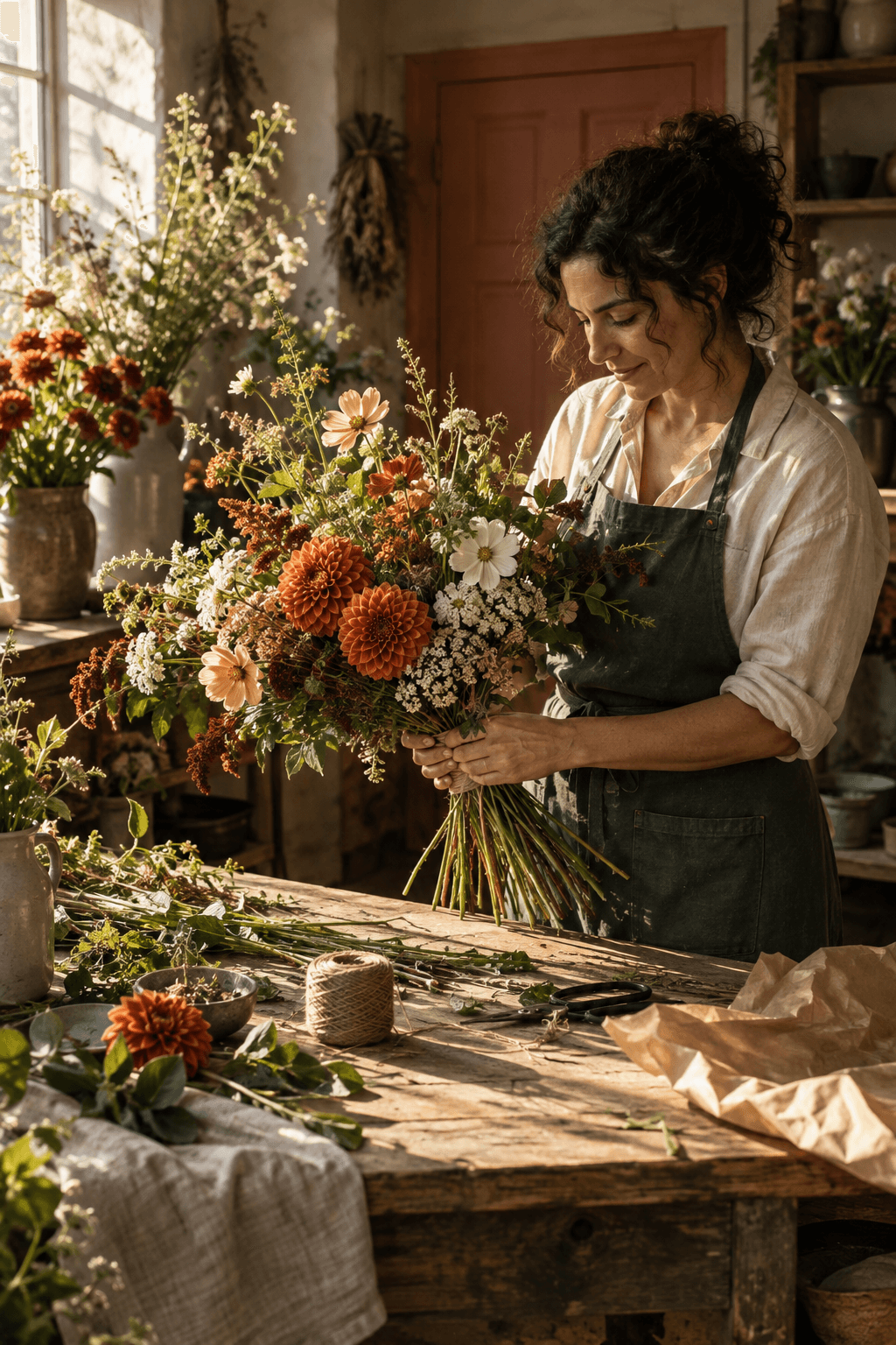 Illustrative photograph of an independent florist tying a bouquet in her sunlit studio
